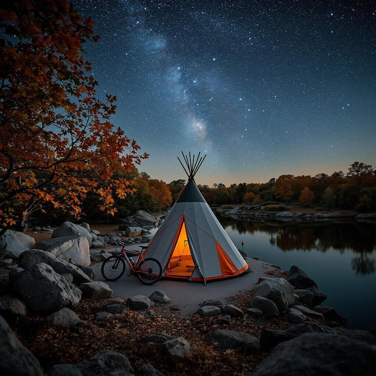Nestled by a calm lake under a starry sky, this cozy tepee glows warmly at night. Surrounded by tall trees and smooth rocks, it’s a perfect spot for adventure and peace. Imagine stargazing while listening to the gentle rustle of autumn leaves.