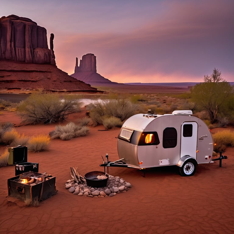 A tan teardrop trailer rests among the rugged rocks of Monument Valley at sunset. A small campfire glows beside the shore, with a guitar and camping gear nearby. Mist rises from the river as the view comes from a canoe drifting toward camp.