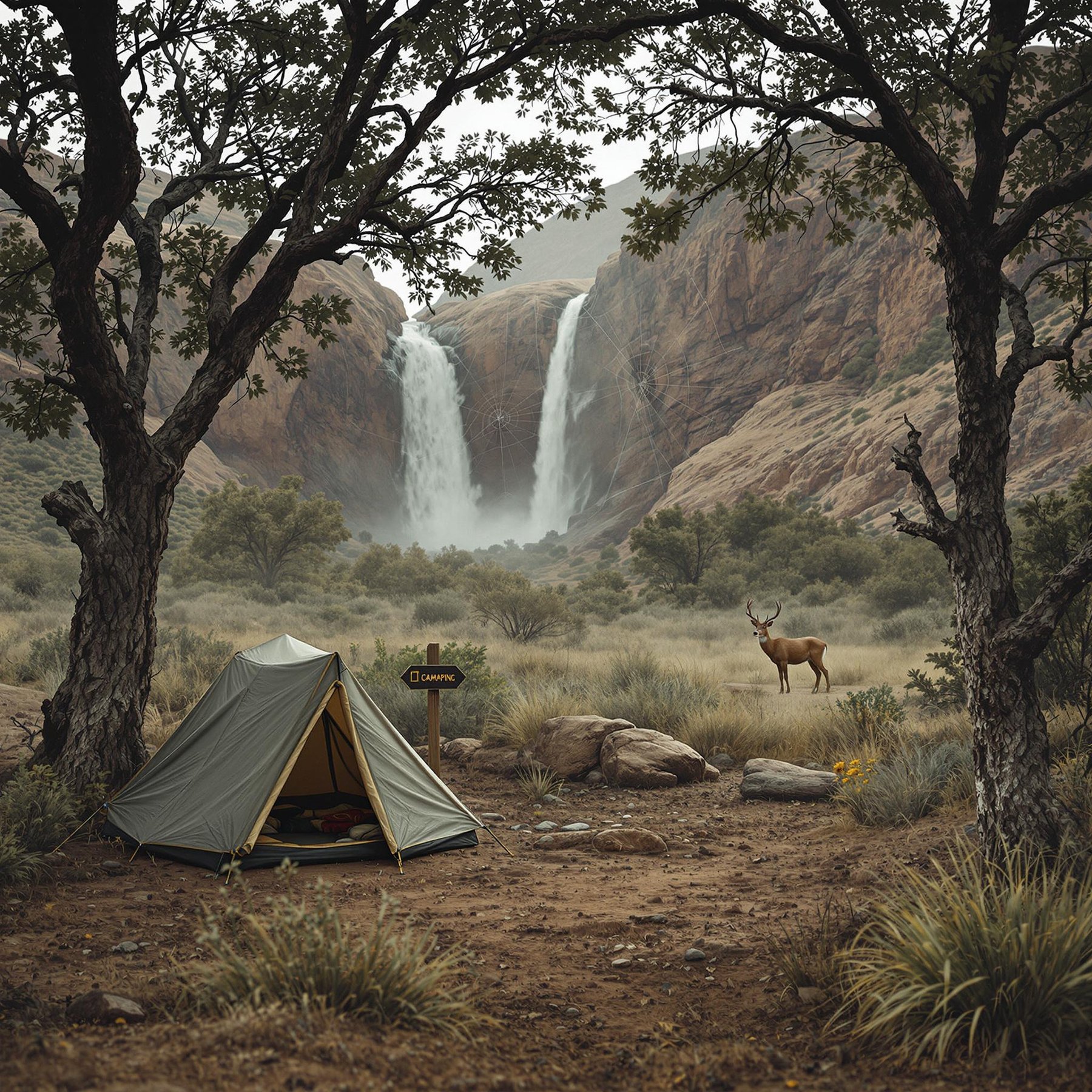 A cozy tent rests on the dusty ground of the New Mexico desert. Viewed from behind a waterfall, the campsite has a trail marker, a spider web between two trees, and a deer in the distance beneath cloudy skies.