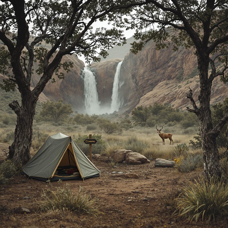 A cozy tent rests on the dusty ground of the New Mexico desert. Viewed from behind a waterfall, the campsite has a trail marker, a spider web between two trees, and a deer in the distance beneath cloudy skies.