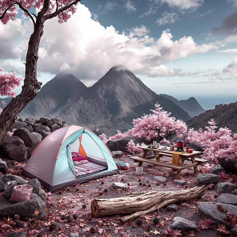 A cozy tent rests among boulders and pine cones in the green hills of Soufrière, St. Lucia. A camping stove sits on a wooden picnic table nearby, while wind stirs the trees above. The campsite is seen from a treehouse, giving it a peaceful woodland feel.