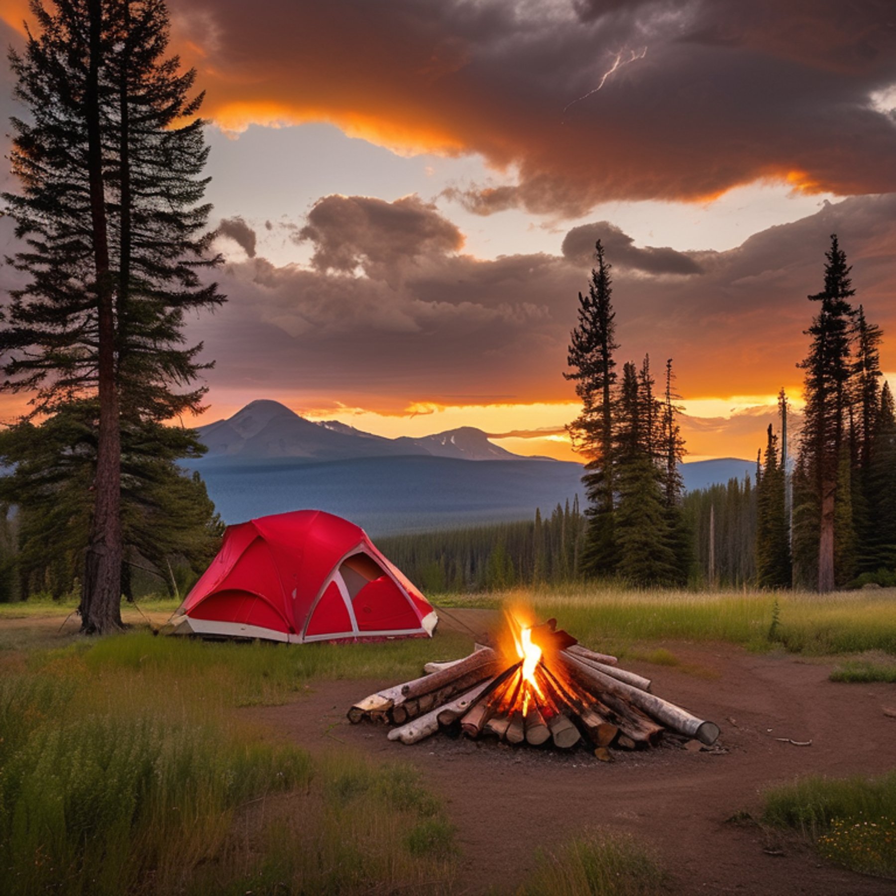 A red and white tent rests on a dirt campsite beneath small trees. A warm campfire glows beside a large log, while tall Montana mountains rise in the distance. Stormy golden-hour clouds give the scene a wild, peaceful feel.