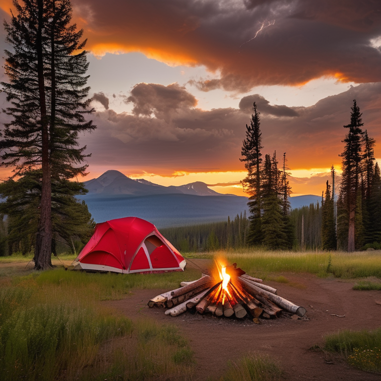A red and white tent rests on a dirt campsite beneath small trees. A warm campfire glows beside a large log, while tall Montana mountains rise in the distance. Stormy golden-hour clouds give the scene a wild, peaceful feel.
