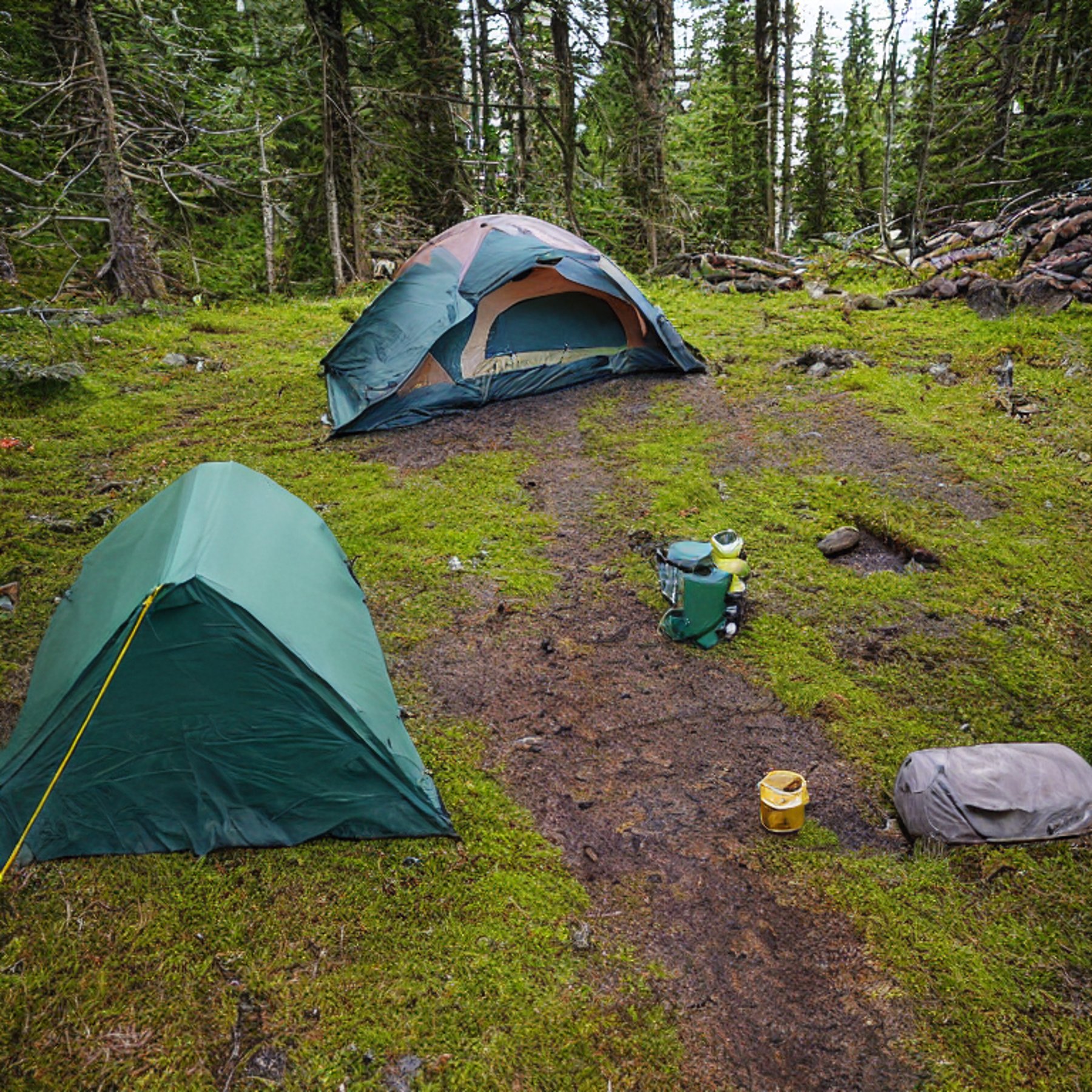A green and tan tent rests beside a crackling campfire on a rainy Vancouver Island evening. A clear stream winds through the campsite, flowing around smooth boulders and a dirt clearing. Camping chairs and a glowing lantern add a warm, cozy feel beneath the sunset sky.