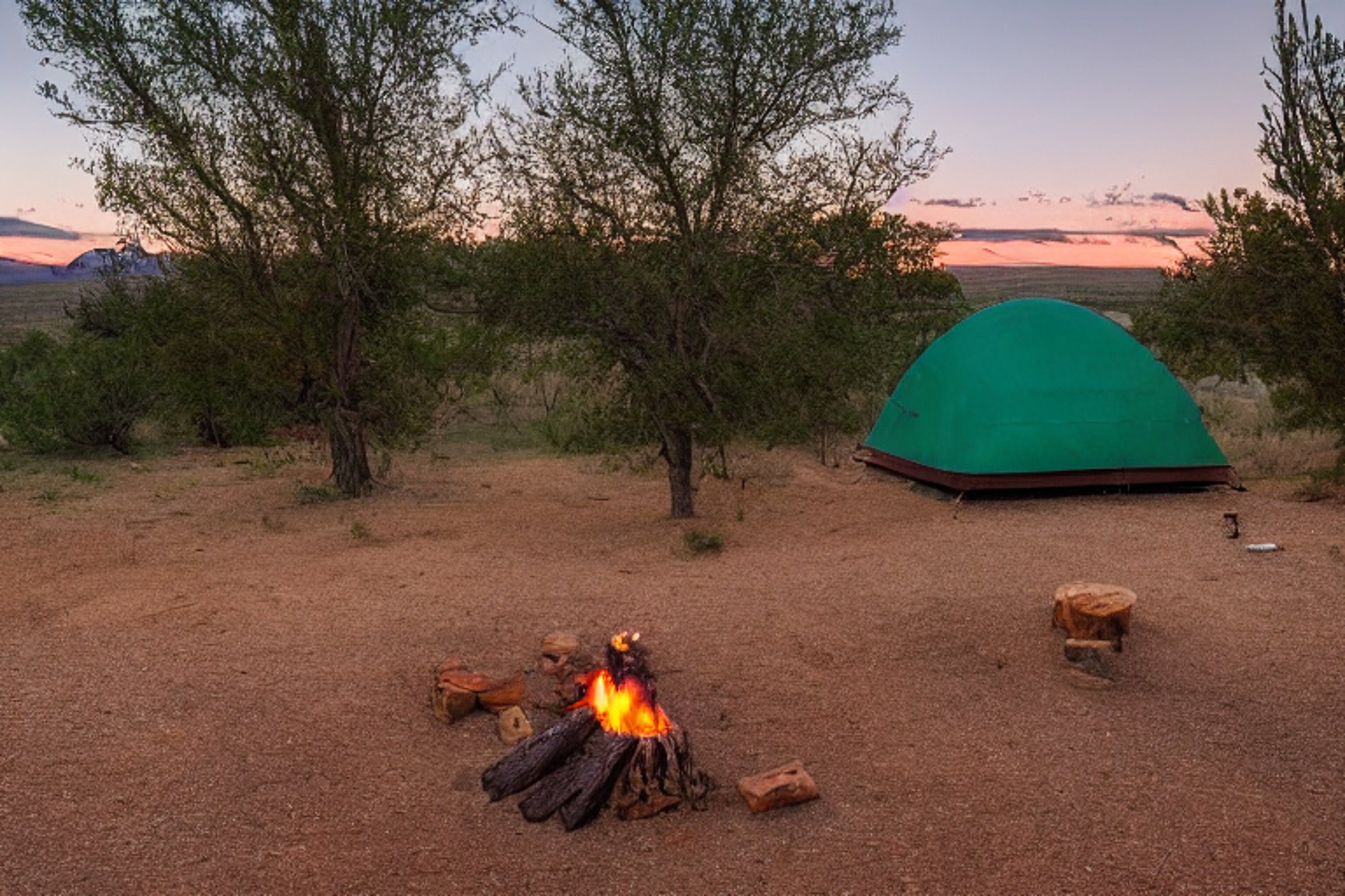 A green tent rests on a quiet paved campsite in the New Mexico desert at dusk. Rolling hills and a clear sky stretch beyond the camp, while stones, a wooden guitar, and a large log sit near the fire area.