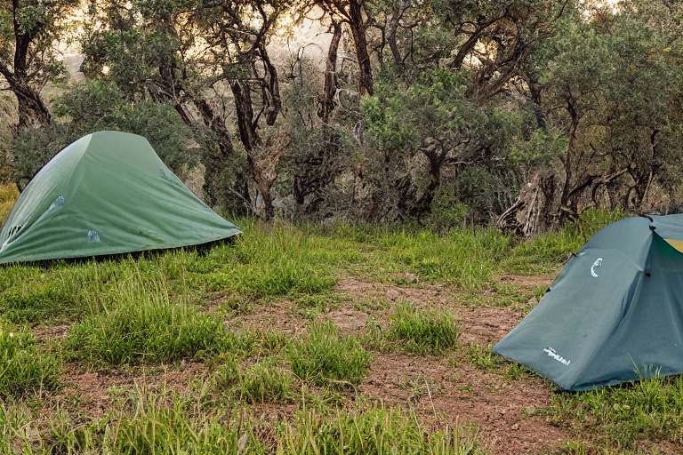 A green camo tent rests on a quiet paved campsite at sunset in Capitol Reef National Park. A dirt path, fallen leaves, and thick bushes surround the camp, with rolling hills glowing under a clear sky.