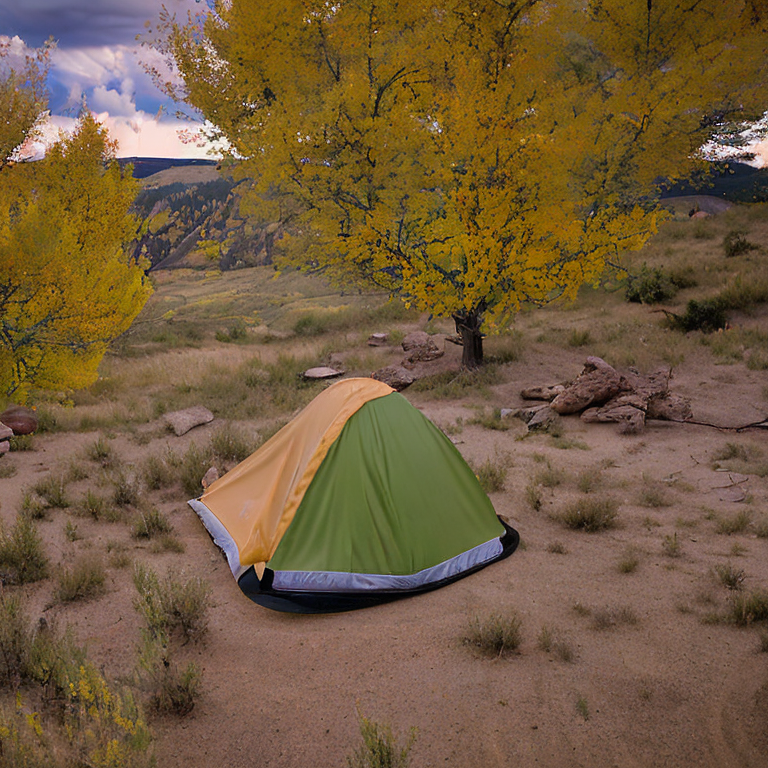 A green and tan tent rests on a dirt clearing beside a warm campfire. Boulders, fallen leaves, and colorful autumn trees surround the campsite, with rolling Colorado hills in the distance. Stormy clouds add a wild, cozy feeling to the golden evening light.