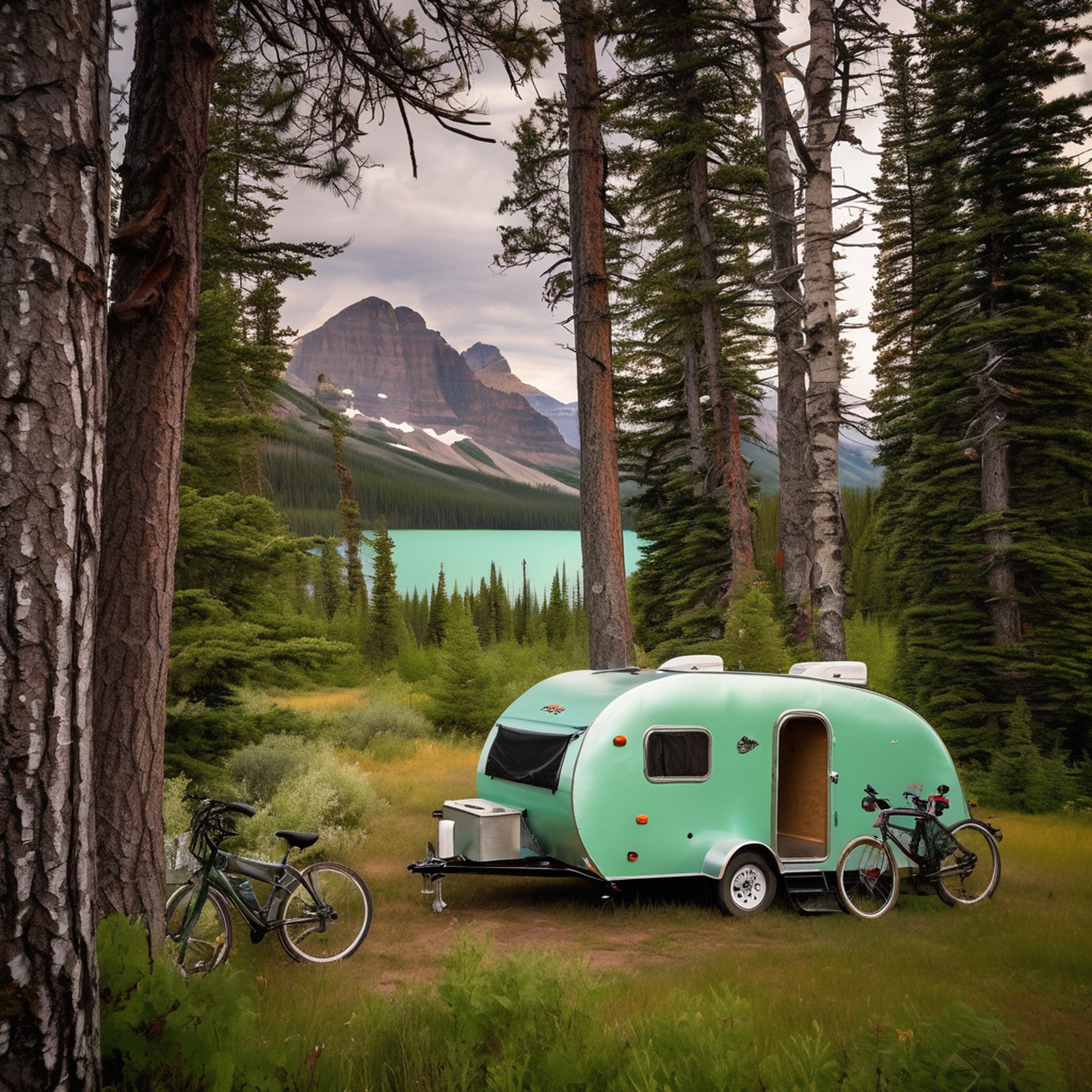 A mint-green teardrop trailer rests on a rocky campsite in Glacier National Park. Wind moves through the trees as a squirrel dashes past, with a bicycle nearby and a spider web shining between two trunks. A nearby lake reflects the peaceful morning scene.