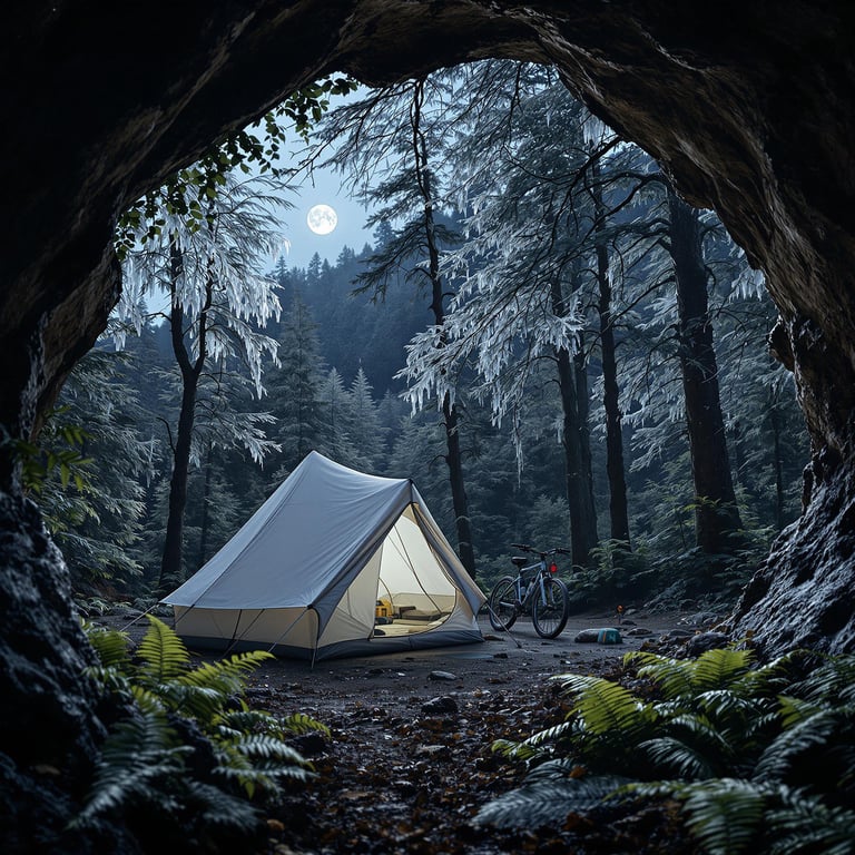 Nestled under a full moon, this magical campsite is surrounded by tall, frosty trees and lush ferns. A cozy tent glows warmly, inviting adventurers to relax after a day of exploring. A bicycle rests nearby, ready for more forest adventures.