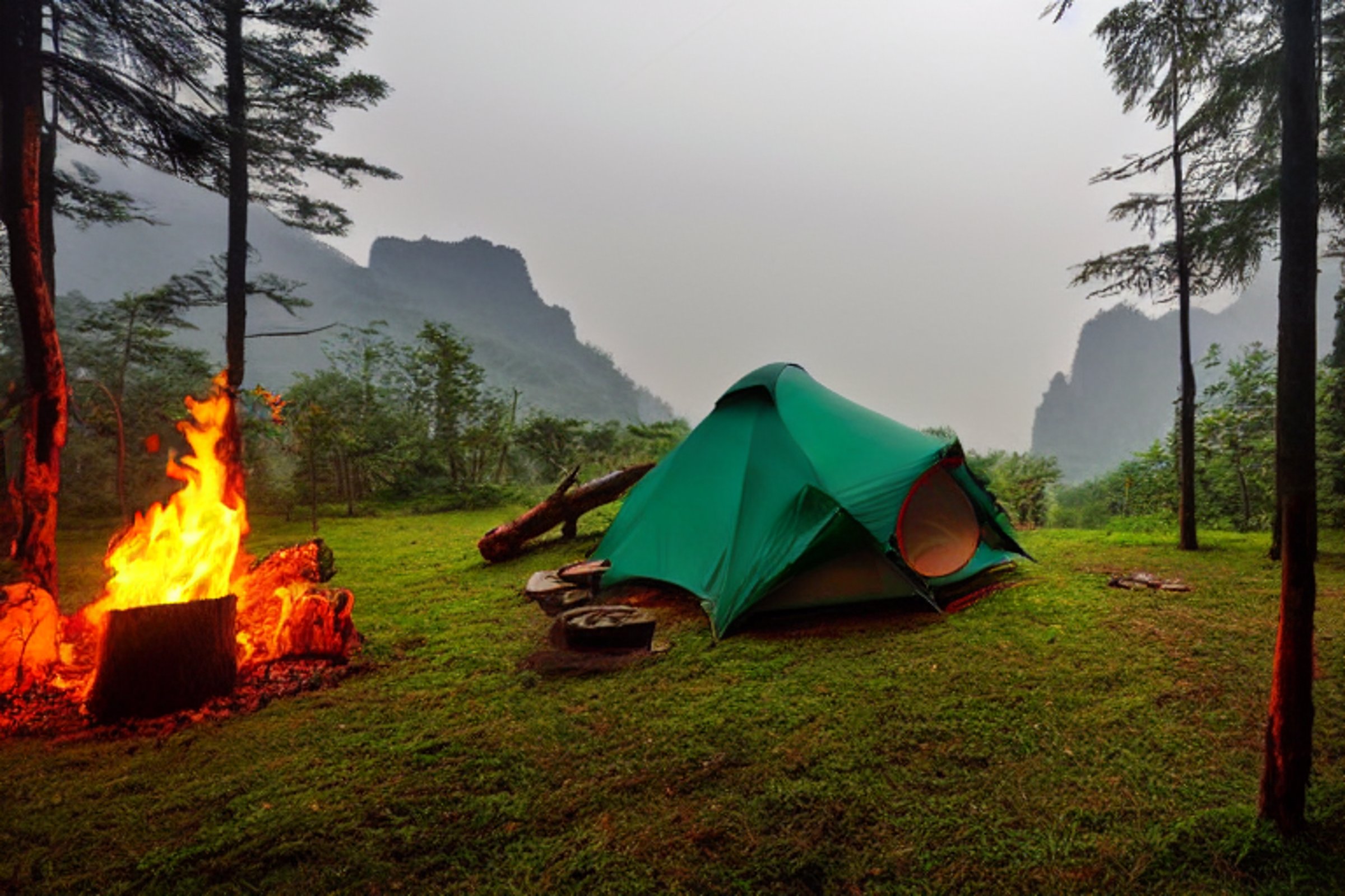 A green tent rests on a dirt clearing beneath towering trees in Zhangjiajie, China. A warm campfire glows beside a large log as hikers enjoy the quiet morning. Stormy clouds make the sunrise feel wild and peaceful.
