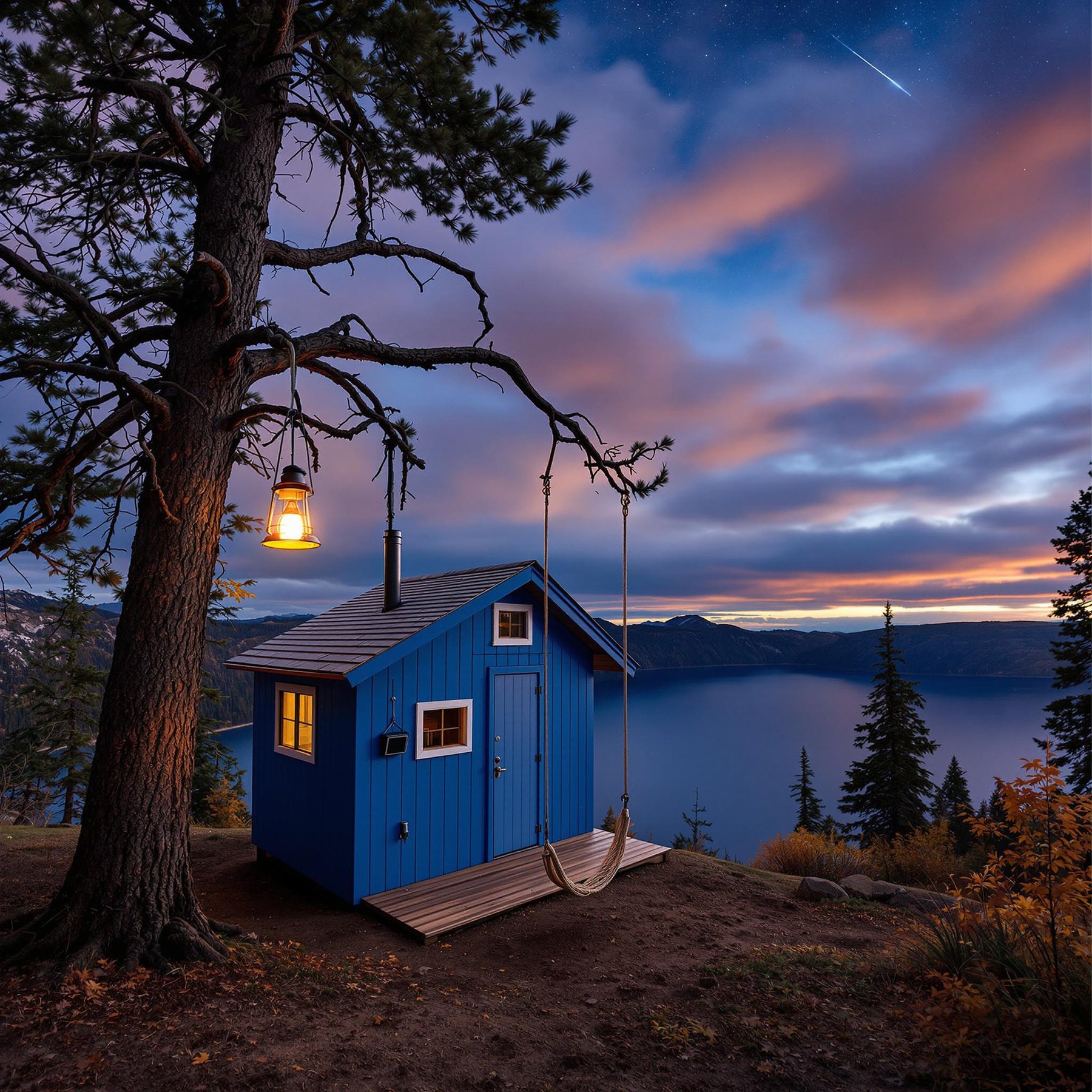 A cozy blue cabin sits by a big lake, surrounded by tall pine trees. A swing hangs from a strong branch, and a lantern glows in the evening light. The sky is painted with pretty clouds and a shining shooting star.