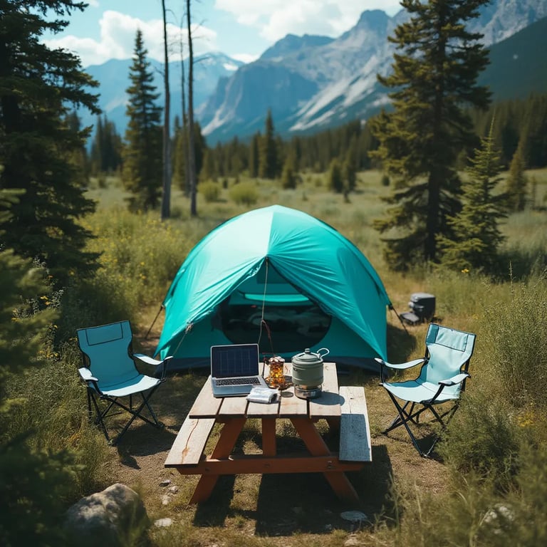A turquoise tent rests in the tall grass of Banff National Park beneath a clear blue sky. Nearby, camping chairs and a picnic table hold a small stove and solar charger. A gentle breeze gives the peaceful campsite a fresh, wild feeling.