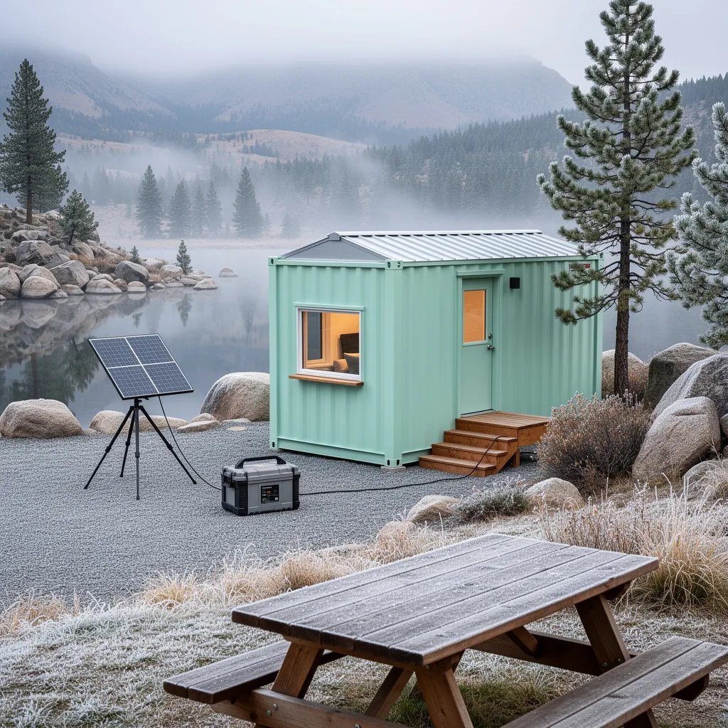 A mint‑green cabin sits by a quiet mountain lake, its reflection shining on the still water. Frost sparkles on the rocks and grass, and a thin mist curls over the shore. A wooden picnic table holds a metal mug, a trail map, and an open nature book, waiting for the hiker to return.