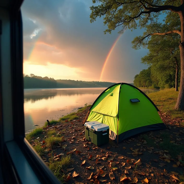 A bright lime green tent rests beside a calm lake as the sun sets. Leaves cover the ground, with a cooler, solar panel, and fishing rod nearby. A dusty sky glows with a beautiful double rainbow.