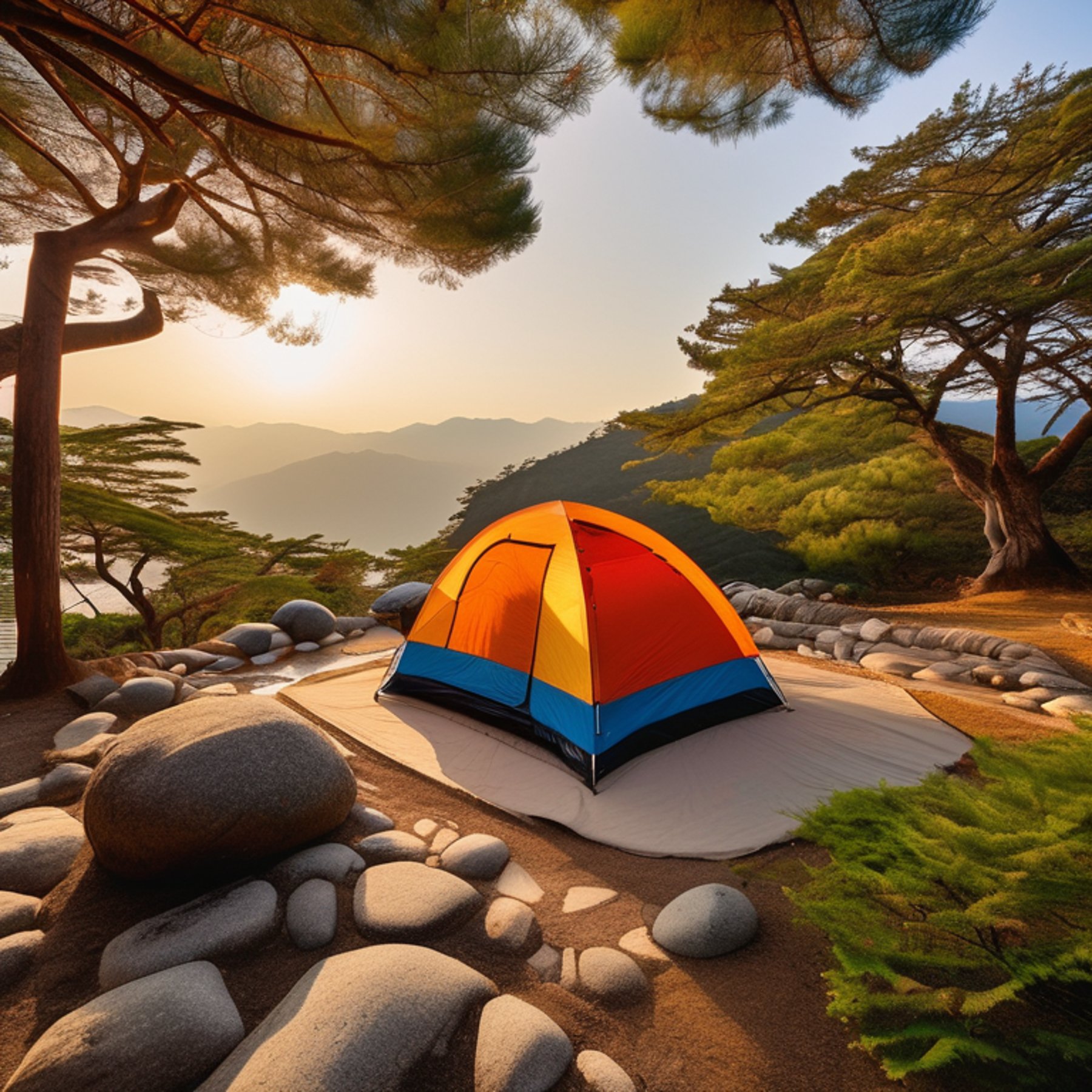 A colorful tent rests on a quiet paved campsite in Miyajima at sunrise. Gentle hills, small trees, and large boulders surround a clear stream flowing through the camp. Warm sunlight brightens the peaceful scene.