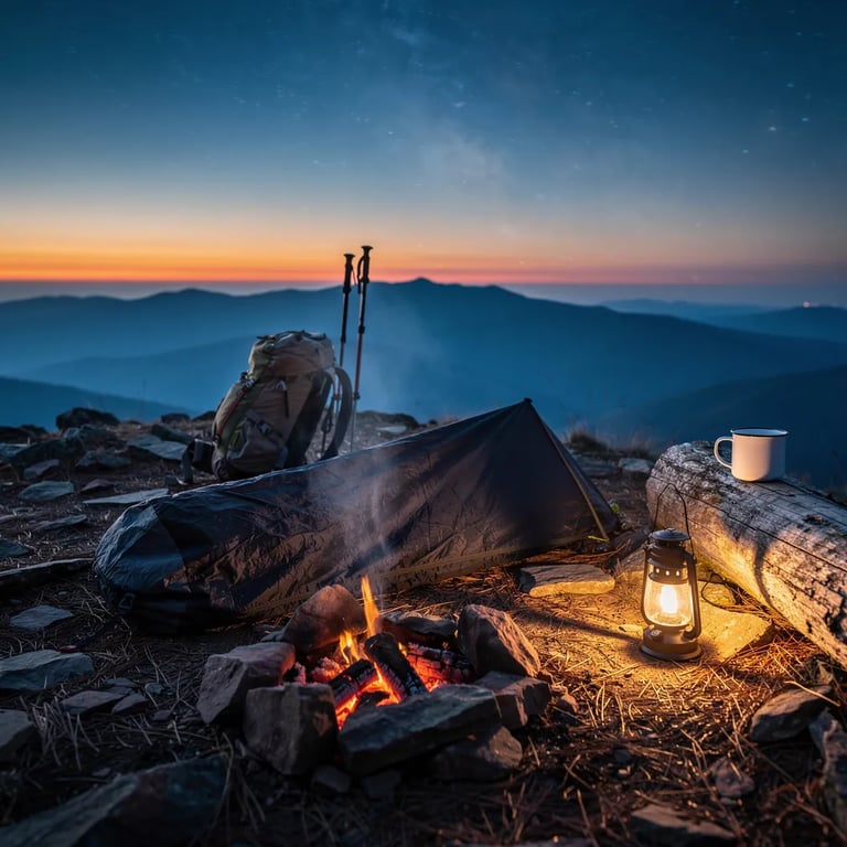 A tiny bivy shelter sits on a rocky ridge, surrounded by pine needles and cool mountain air. A warm lantern and a small ember fire glow beside a backpack and a mug on a weathered log. Far away, the Blue Ridge mountains fade into the dark as the first stars begin to sparkle.