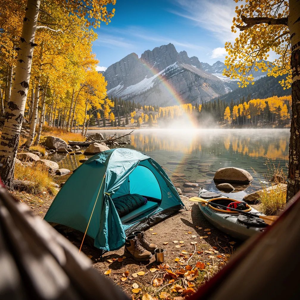 A teal tent sits by a calm mountain lake, with a sleeping pad peeking out from the open door. Golden aspen trees and rocky peaks shine under bright midday sun. A kayak rests on the shore, and hammock straps frame the view. A soft rainbow hangs in the mist above the water.