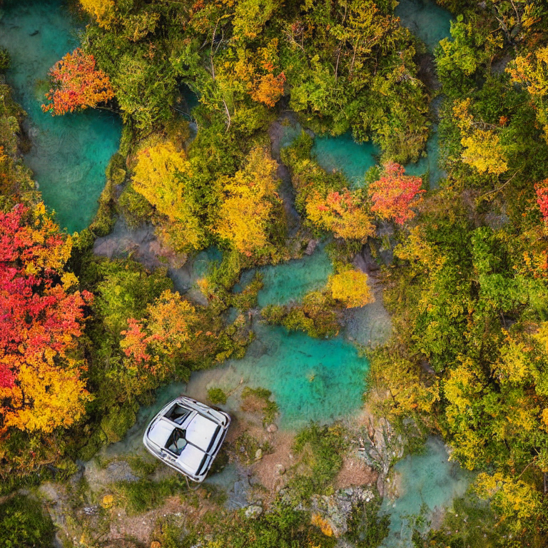 A cozy VW campervan rests at a paved campsite in Plitvice Lakes National Park. A clear stream winds through the site, surrounded by wildflowers and bright fall trees. Soft golden light shines beneath the cloudy sky.