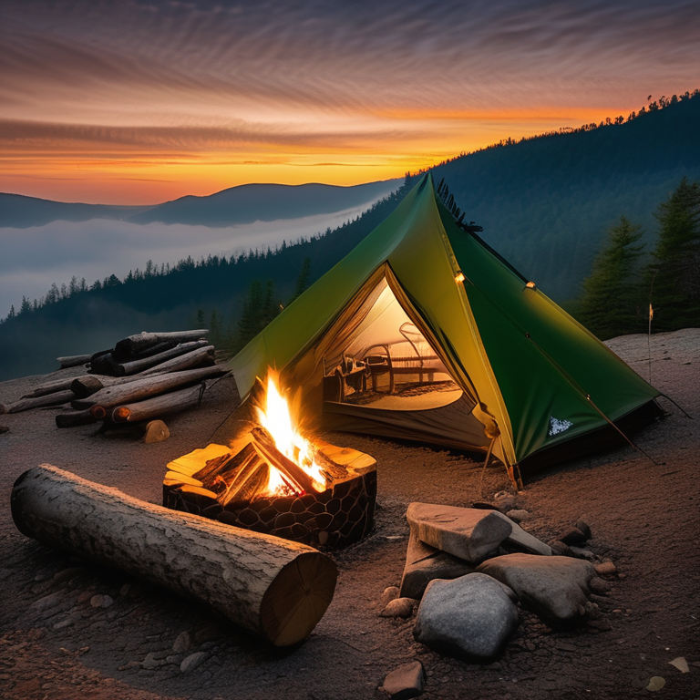 A green and tan tent rests in a quiet Smoky Mountain campsite beneath a starry sky. A warm campfire glows in the center, surrounded by logs and stones, while soft fog drifts through the trees.