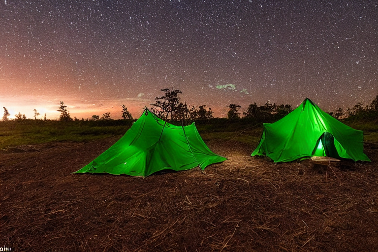 A green tent rests on a sandy campsite beside the quiet ocean at night. Tall grass surrounds the camp, with a wooden guitar nearby. In the distance, a deer and a person’s flashlight add a little mystery.