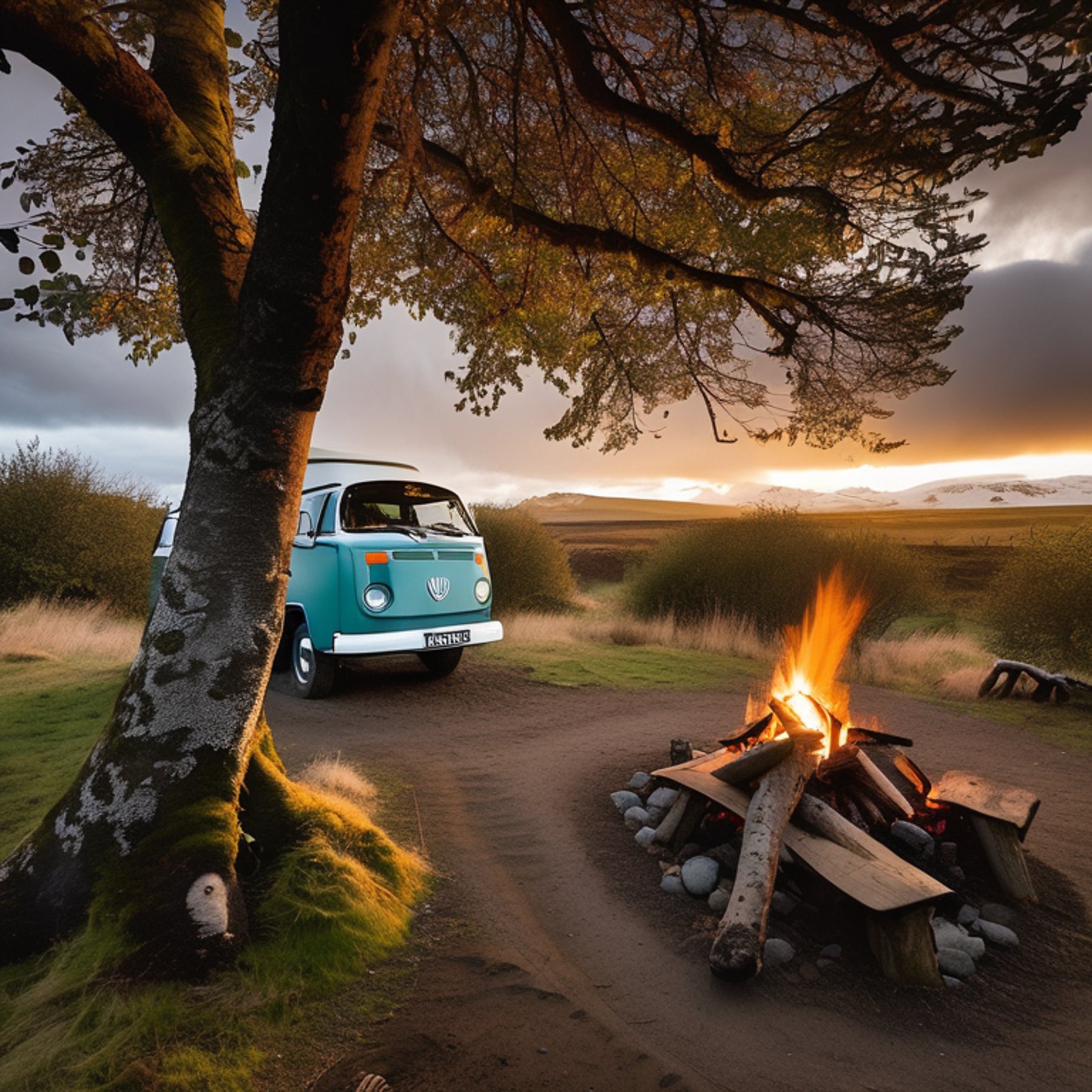 A cozy VW campervan rests on a dirt campsite beneath tall trees in Iceland. A small campfire glows inside a ring of stones as sunset light shines through the cloudy sky. Fallen leaves and logs add a warm, peaceful feeling.