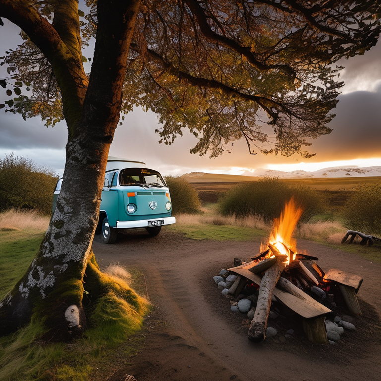 A cozy VW campervan rests on a dirt campsite beneath tall trees in Iceland. A small campfire glows inside a ring of stones as sunset light shines through the cloudy sky. Fallen leaves and logs add a warm, peaceful feeling.