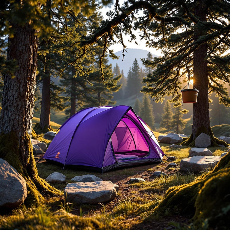 A bright purple tent rests among large stone slabs and tall, overgrown grass. Mossy trees frame the campsite as warm golden light shines through, while the wind gently stirs the scene. A bear-proof food container hangs from a nearby tree.