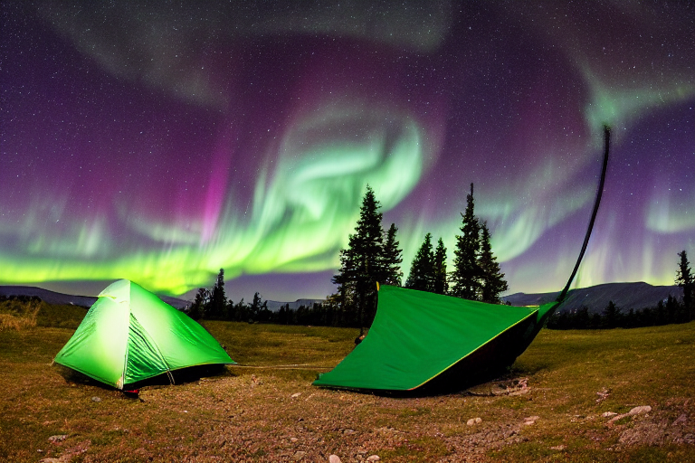 A green tent rests on a quiet dirt campsite beneath a glowing aurora. Tall trees, large stone slabs, and a mountain frame the clear night sky. A hammock hangs nearby, ready for tired hikers to relax.