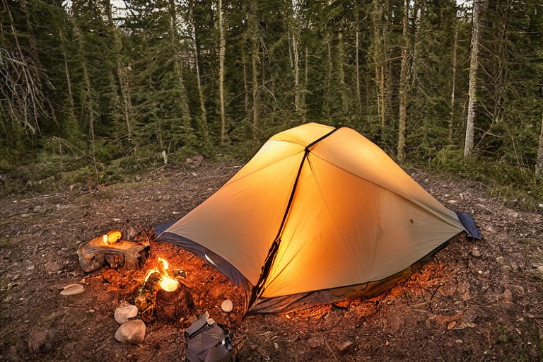 A cozy tan tent rests beside a quiet river as the sun sets. A warm campfire glows on the dirt, with logs, a backpack, and a picnic table nearby. The clear sky and soft light create a peaceful camping scene.