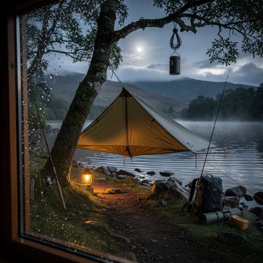 A cozy tree tent hangs between two sturdy trees by a rocky lake, glowing softly from a warm lantern. The dirt path winds through wet grass and scattered stones as a light drizzle taps the cabin window. The calm water mirrors the dark hills, and a fishing rod rests by a mossy tree under the cool blue night.