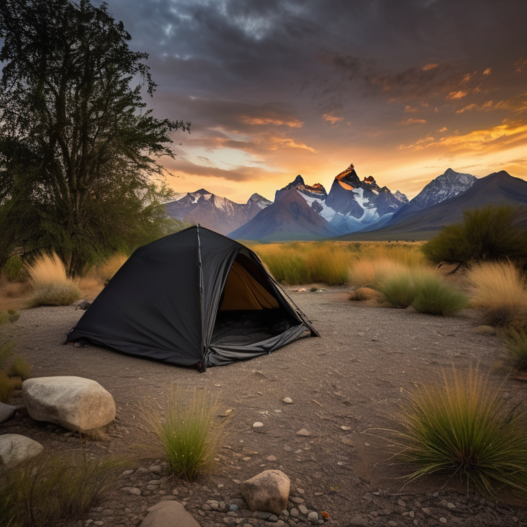 A black tent rests on a quiet paved campsite beside a gentle creek. Tall grass, scattered stones, and a warm lantern fill the area, while cloudy sunset light shines over the mountains.