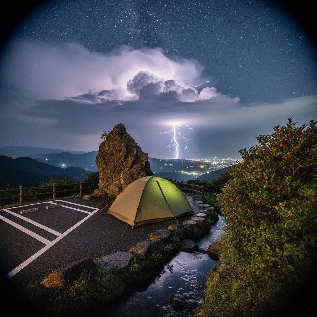 Camp by a big rock under a starry sky, with a glowing tent beside a bubbling stream. Lightning flashes in the distance while city lights twinkle far away. The night feels wild and exciting!