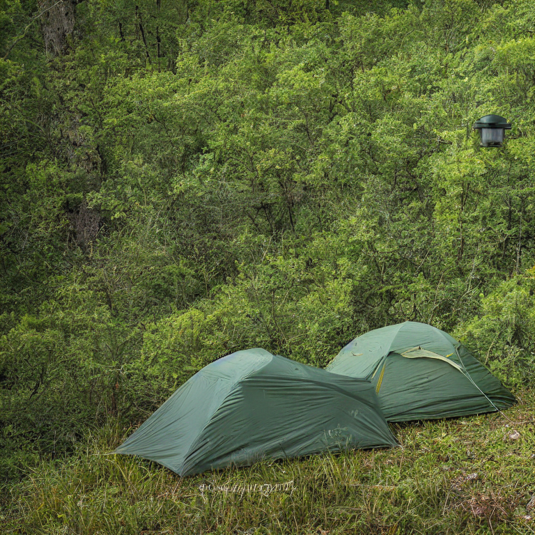 A green camo tent rests on a paved campsite beside a quiet creek. Snow covers the rolling hills and small trees as the sun rises. A camping lantern sits near the dirt patch, adding a warm glow.