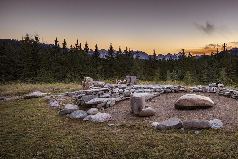 A teal tent rests on a snowy campsite beside a warm, steaming hot spring. A small campfire glows among the stones, while a deer stands quietly in the distance. Large rocks and stone slabs give the peaceful scene a wild, cozy feel.