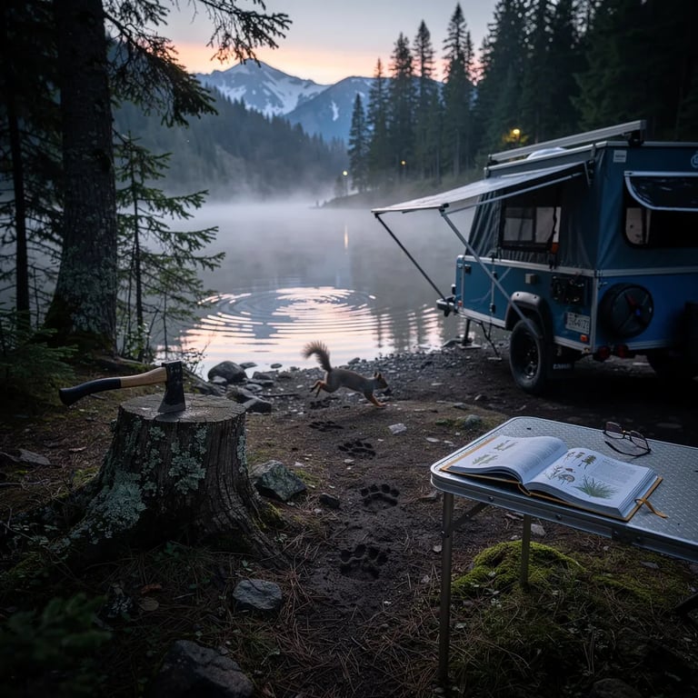 A quiet blue-hour mist floats over a cold alpine lake, with dark spruce trees all around. From a rain-speckled camper window, you can see muddy animal tracks and a squirrel darting past. An axe sits in a worn tree stump next to a small table with an open nature book, while the lake shines softly in the twilight.
