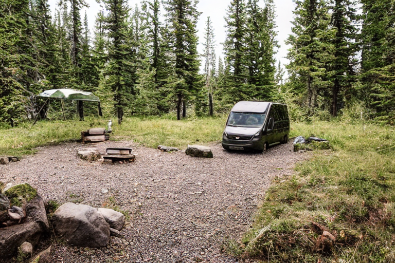 A green camo van rests at a quiet campsite beneath a starry night sky. Rainy weather, rocky ground, and a gentle stream create a peaceful mountain setting. A hammock hangs between the trees nearby.