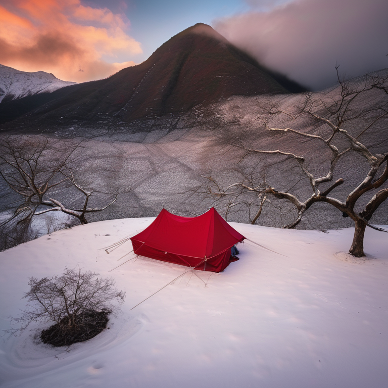 A bright red tent rests on a paved campsite beside a small dirt patch. Clothes sway on a nearby line, while little trees and a tall mountain rise in the snowy sunset mist.