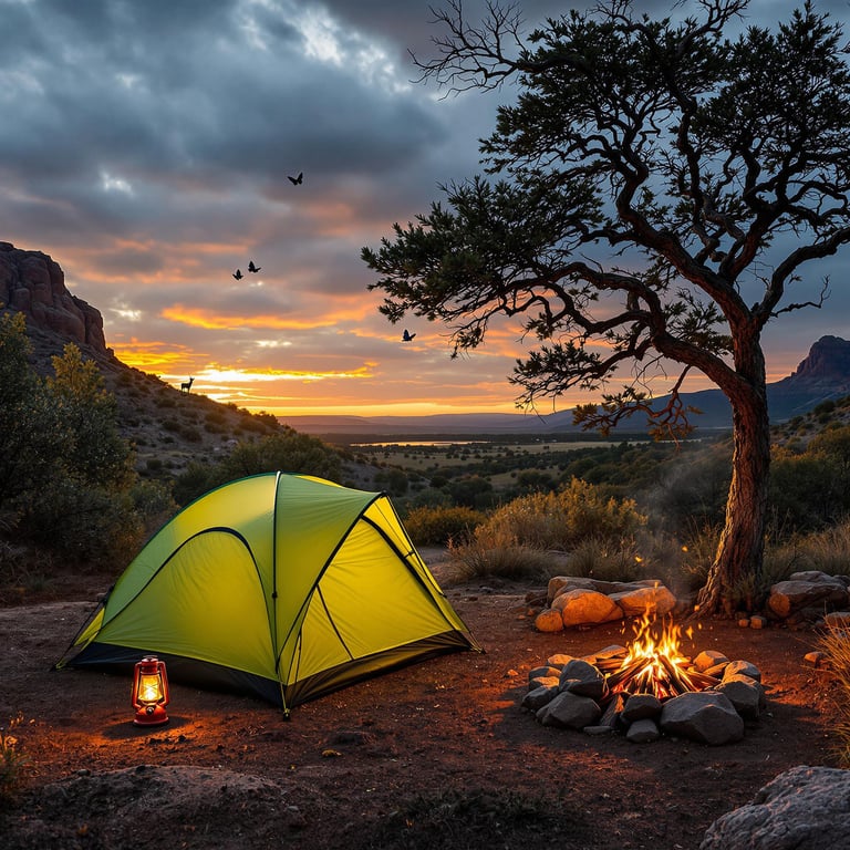 A cozy tent glows warmly under a colorful sunset, with a crackling campfire nearby. Tall trees and distant hills create a peaceful, wild backdrop as birds fly across the sky. It's a perfect spot for a quiet night under the stars.