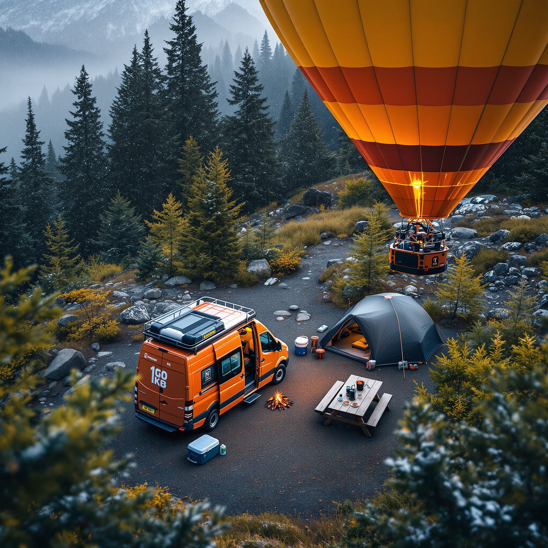 This cozy campsite sits in a quiet forest with tall green trees and misty mountains all around. There’s a bright orange van, a tent, and even a big hot air balloon ready for adventure. The air feels cool and fresh, perfect for roasting marshmallows by the campfire.
