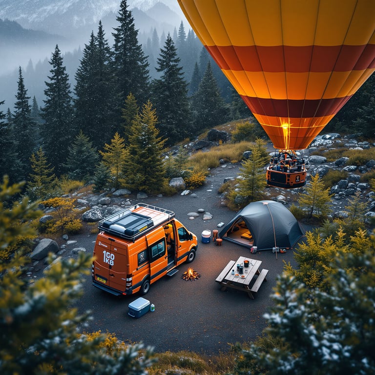 This cozy campsite sits in a quiet forest with tall green trees and misty mountains all around. There’s a bright orange van, a tent, and even a big hot air balloon ready for adventure. The air feels cool and fresh, perfect for roasting marshmallows by the campfire.