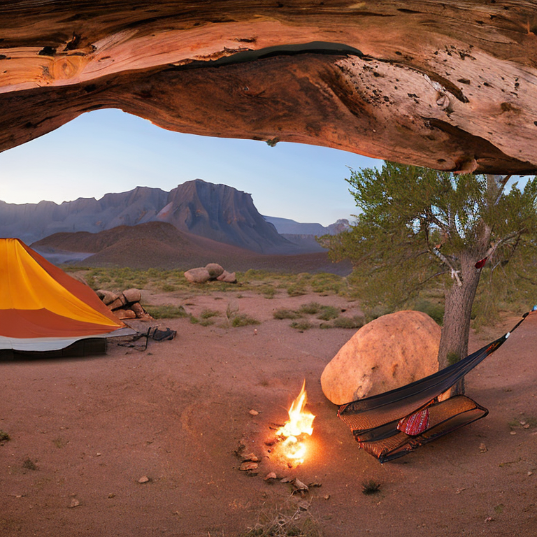 A cozy tent rests on a paved campsite in the quiet New Mexico desert. A warm campfire glows beside the hammock, while tall mountains and star-filled skies stretch into the distance. Large boulders and sandy ground add to the peaceful scene.