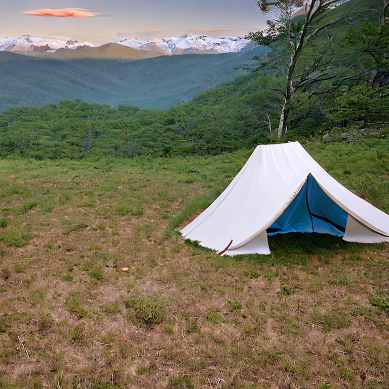 A white tent rests on a dirt clearing in the snowy Smoky Mountains. Tall, overgrown grass surrounds the campsite, while a warm flashlight glow shines from inside the tent. Mountains rise in the misty background.