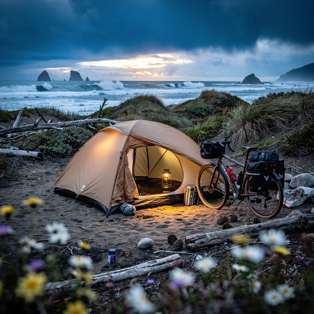 A tan inflatable tent sits on the edge of sandy dunes, with a bicycle leaning beside it. Coastal grass and tiny wildflowers sway in the cool dusk wind, and driftwood and stones scatter the ground. Far away, the ocean waves whisper under dark storm clouds, while a warm lantern glow makes the camp feel safe and cozy.