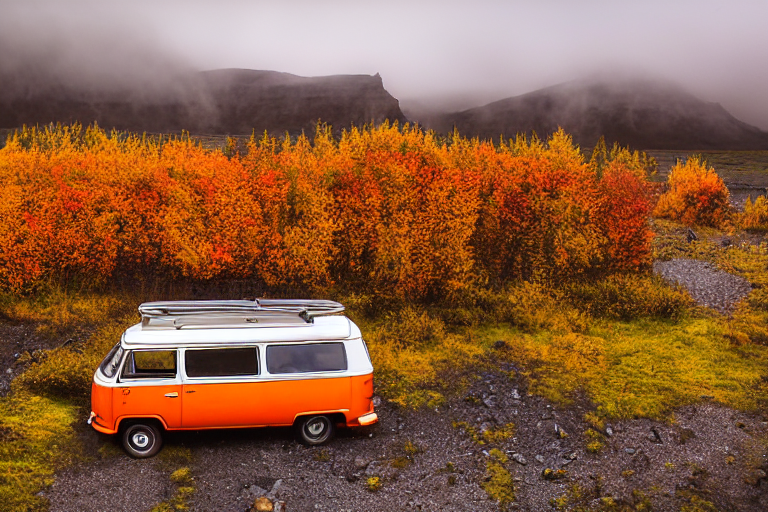 An orange camper van rests at a quiet Icelandic campsite as the sun sets behind the fog. Rocky ground, colorful fall trees, and small flowers surround a warm campfire and a large wooden log.