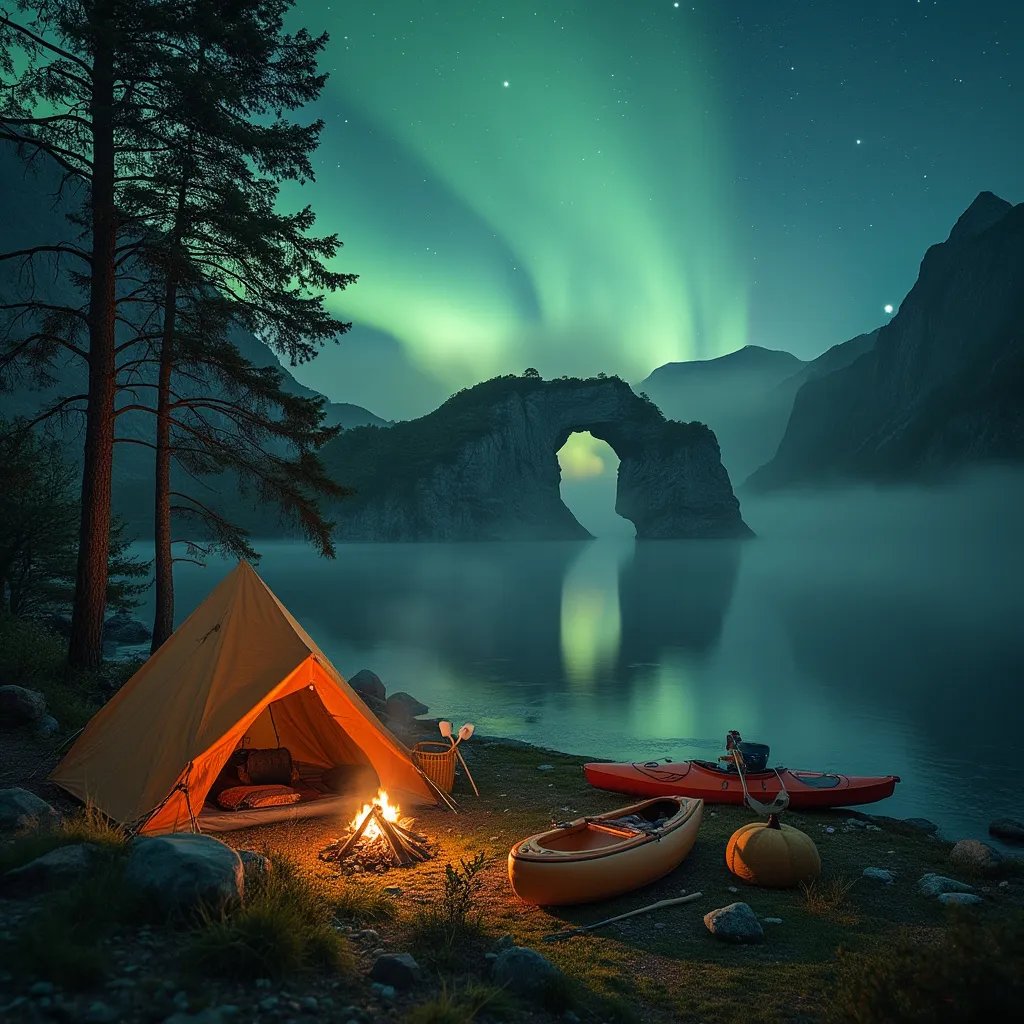 A cozy brown tent rests beneath a natural stone arch, glowing under the colorful northern lights. Mist drifts through the campsite as a campfire warms roasting marshmallows, with a kayak waiting by the shore.