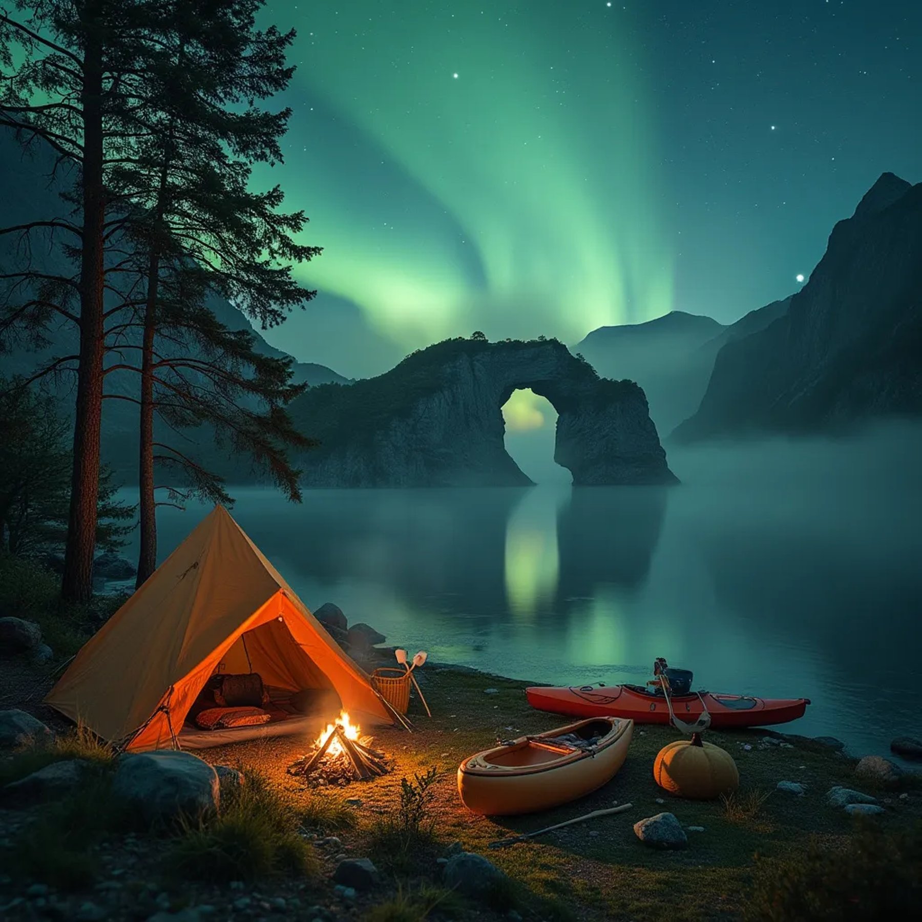 A cozy brown tent rests beneath a natural stone arch, glowing under the colorful northern lights. Mist drifts through the campsite as a campfire warms roasting marshmallows, with a kayak waiting by the shore.