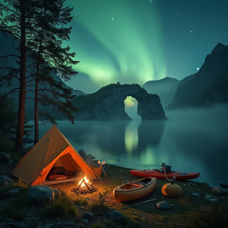 A cozy brown tent rests beneath a natural stone arch, glowing under the colorful northern lights. Mist drifts through the campsite as a campfire warms roasting marshmallows, with a kayak waiting by the shore.