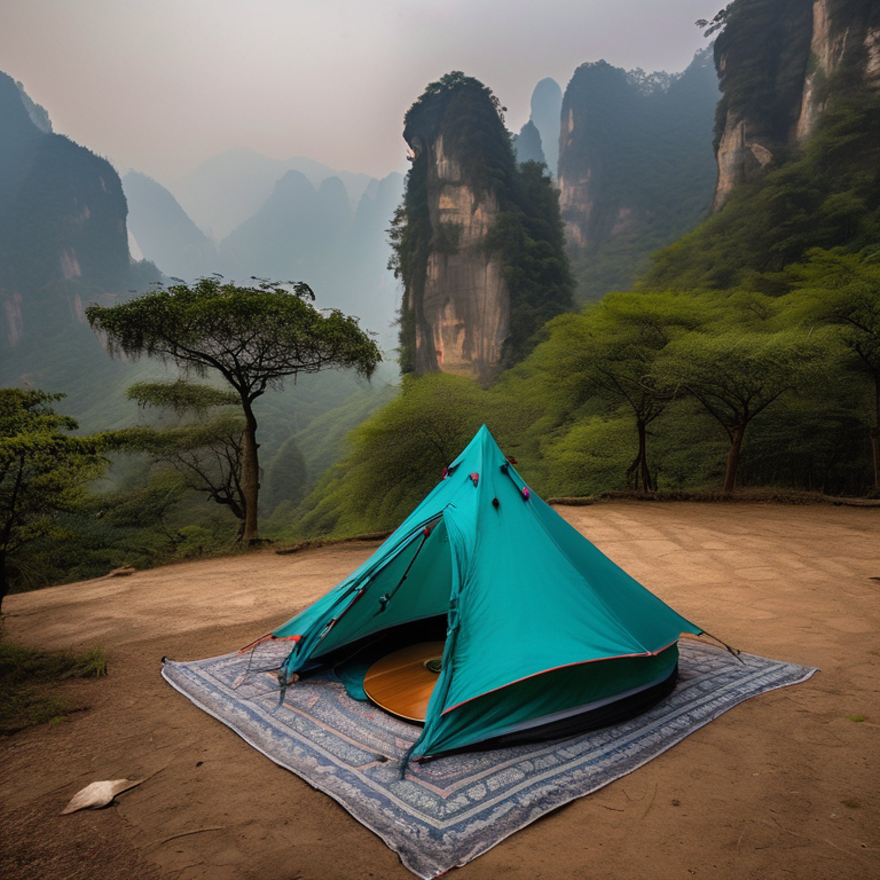 A teal tent rests on a quiet campsite surrounded by misty mountains in Zhangjiajie, China. A deer stands in the distance, while a wooden guitar and smooth stones sit near the dirt patch.