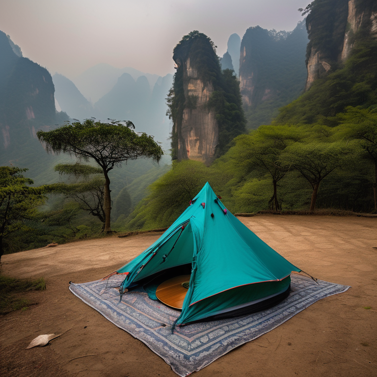 A teal tent rests on a quiet campsite surrounded by misty mountains in Zhangjiajie, China. A deer stands in the distance, while a wooden guitar and smooth stones sit near the dirt patch.