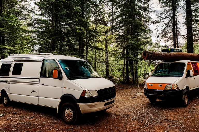A colorful camper van rests beside a quiet creek in a foggy forest. A warm campfire glows on the dirt, with logs, a picnic table, and a lantern nearby as the sun sets.